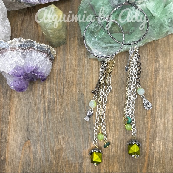 Peridot fringe extra long statement charms tassel hoop earrings gunmetal fringe - Picture 1 of 8